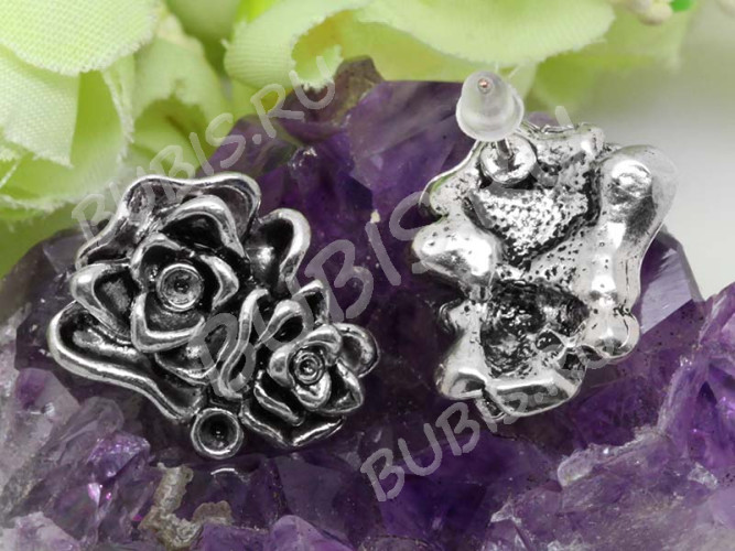 Пуссеты ("гвоздики") №130 Цветочки 17,5*16*15,5мм античное серебро (литьё) (1 пара)