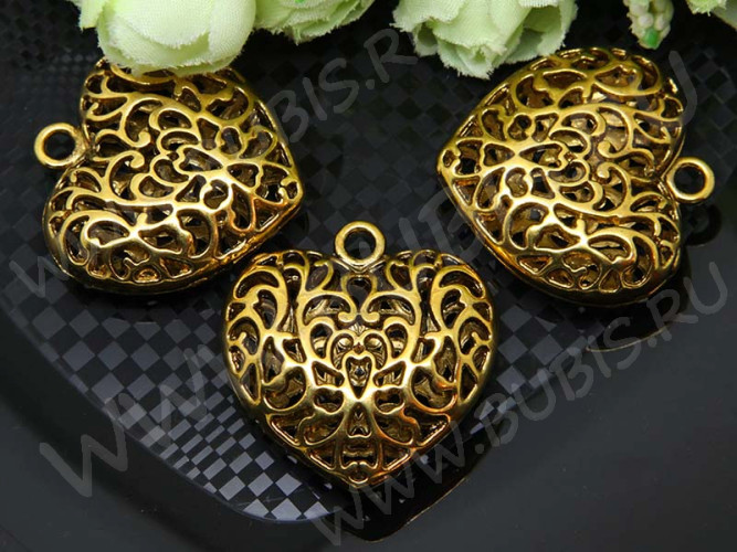 Подвеска Сердечко 66 3D Кулон ажурный 35*34*10,5мм античное золото (литьё)