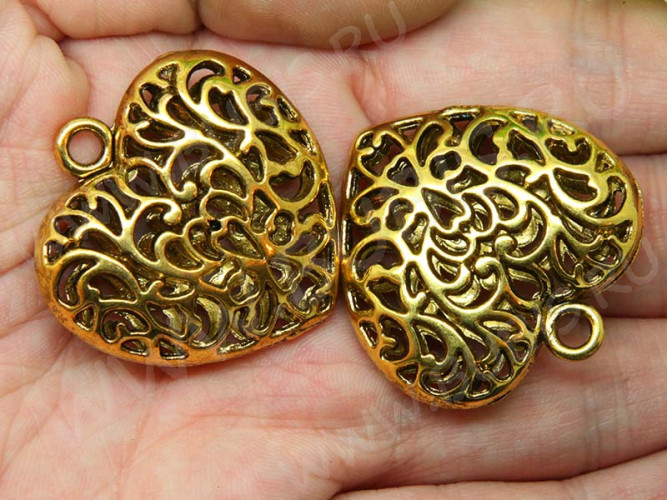 Подвеска Сердечко 66 3D Кулон ажурный 35*34*10,5мм античное золото (литьё)