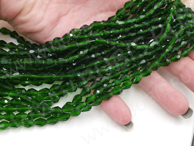 (ОПТ) Бусина Капля гранёная 7,5*6*6мм т.зелёная прозрачная (имитация Сваровски) (НИТЬ)