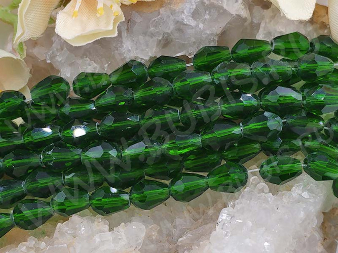 (ОПТ) Бусина Капля гранёная 7,5*6*6мм т.зелёная прозрачная (имитация Сваровски) (НИТЬ)