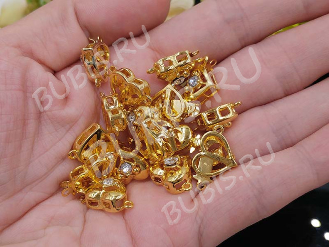 Замочек-застёжка №69 Сердечко со стразом на 1 нить 19*12*6,5мм золотистый и прозрачный (Brass и стекло)