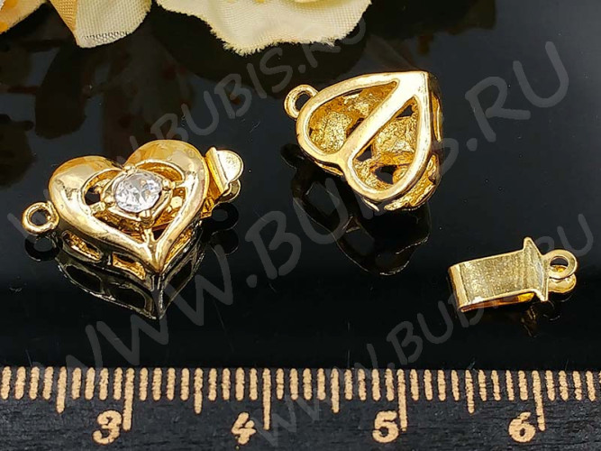 Замочек-застёжка №69 Сердечко со стразом на 1 нить 19*12*6,5мм золотистый и прозрачный (Brass и стекло)