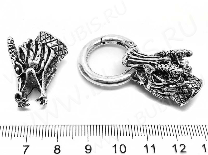 Замочек карабин №089 кольцо с концевиками Драконы 70*25*20мм античное серебро (литьё)