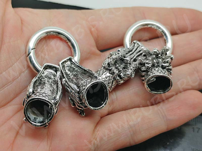 Замочек карабин №089 кольцо с концевиками Драконы 70*25*20мм античное серебро (литьё)