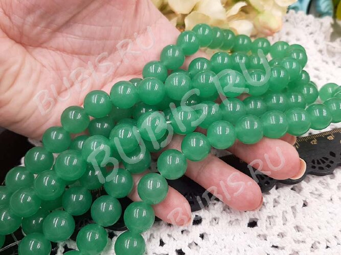 (ОПТ) Бусина округлая 12мм Кварц зелёный тонир. (камни) (НИТЬ)