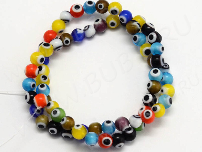 (ОПТ) Бусина с глазом 09 Кузмунчок округлая 8мм МИКС цветов (Lampwork) (НИТЬ)