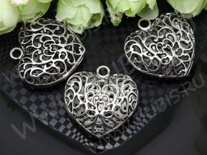 Подвеска Сердечко 66 3D Кулон ажурный 35*34*10,5мм античное серебро (литьё)