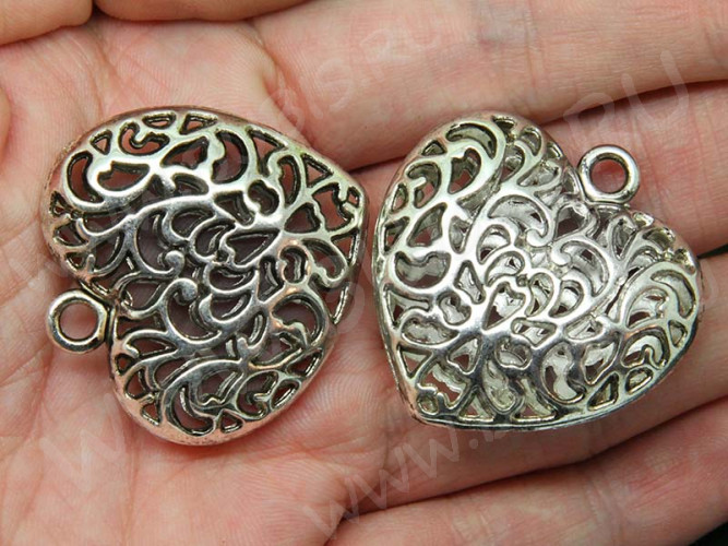 Подвеска Сердечко 66 3D Кулон ажурный 35*34*10,5мм античное серебро (литьё)