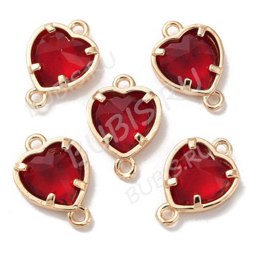 386 Коннектор сердечко с кристаллом "Гранат" 14*10мм золотистый и т.красный (Brass и хрусталь)