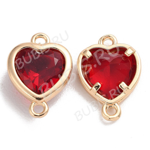 386 Коннектор сердечко с кристаллом "Гранат" 14*10мм золотистый и т.красный (Brass и хрусталь)