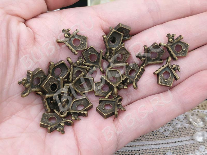 Подвеска Скворечник 01 3D с птичкой 15*12,5*3,5мм античная бронза (литьё)