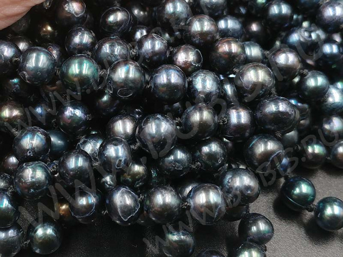 (ОПТ) Бусина Жемчуг 26 пресноводный округлый 7-9мм чёрный (камни) (нить 29-30см)