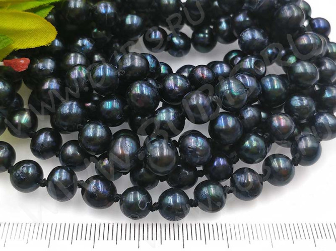 (ОПТ) Бусина Жемчуг 26 пресноводный округлый 7-9мм чёрный (камни) (нить 29-30см)