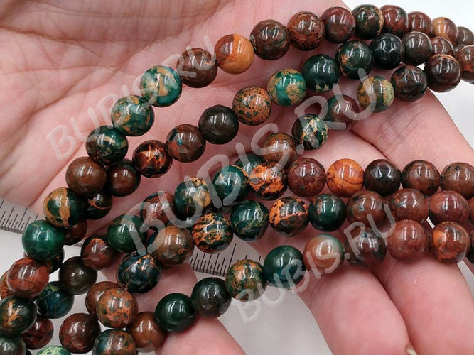 (СКИДКИ!!!) Бусина округлая 8мм Хризоколла коричнево-зелёная натуральная (камни LUX) (10шт.)