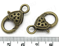 Замочек карабин №025 с сердечком 25,5*13,5*6,5мм античная бронза (литьё)