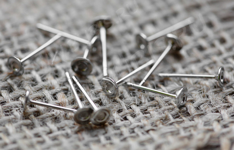 (СКИДКИ!!!) Пуссеты ("гвоздики") №153 (платформа 4мм) 12*0,65мм цвет платины (хирургическая сталь+Brass) (10 ПАР)