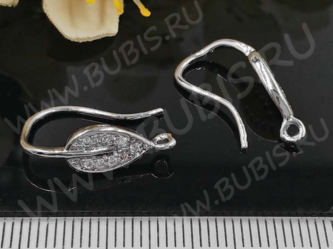Швензы-крючки №083 Листик с инкрустацией 20*11*6мм цвет платины и прозрачный (Milano LUX) (Brass и фианиты) (1пара)