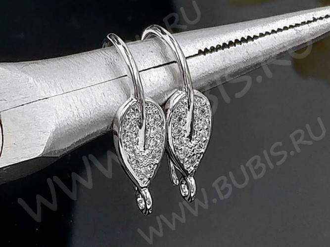 Швензы-крючки №083 Листик с инкрустацией 20*11*6мм цвет платины и прозрачный (Milano LUX) (Brass и фианиты) (1пара)