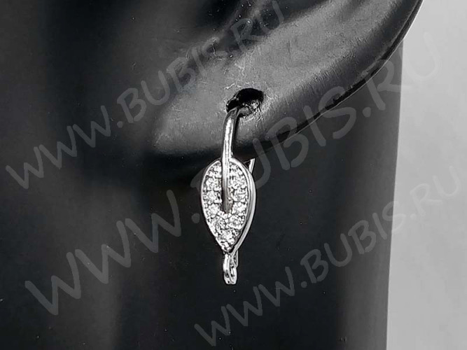 Швензы-крючки №083 Листик с инкрустацией 20*11*6мм цвет платины и прозрачный (Milano LUX) (Brass и фианиты) (1пара)
