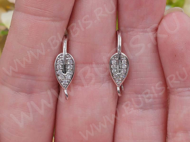 Швензы-крючки №083 Листик с инкрустацией 20*11*6мм цвет платины и прозрачный (Milano LUX) (Brass и фианиты) (1пара)