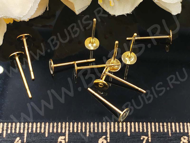 (СКИДКИ!!!) Пуссеты ("гвоздики") №153 (платформа 4мм) 12*0,65мм золотистые (хирургическая сталь+Brass) (10 ПАР)