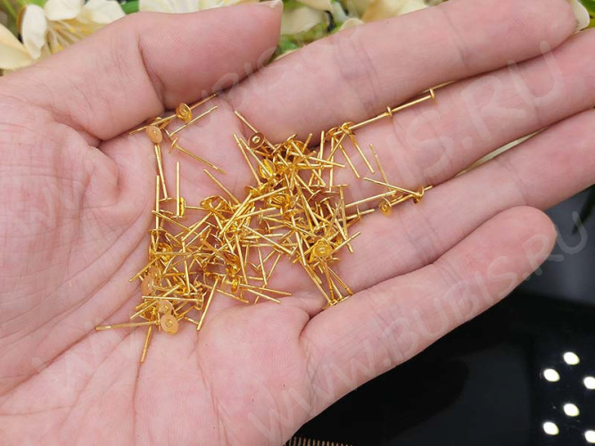 (СКИДКИ!!!) Пуссеты ("гвоздики") №153 (платформа 4мм) 12*0,65мм золотистые (хирургическая сталь+Brass) (10 ПАР)