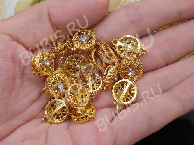 Замочек-застёжка №70 Круг со стразом на 1 нить 17,5*12*6мм золотистый и прозрачный (Brass и стекло)