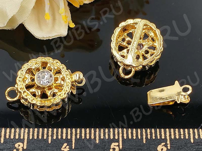 Замочек-застёжка №70 Круг со стразом на 1 нить 17,5*12*6мм золотистый и прозрачный (Brass и стекло)