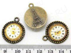 Подвеска Круг 10 Эйфелева башня с кабошоном 26*21,5*8мм античная бронза и рисунок 01 (литьё и стекло)