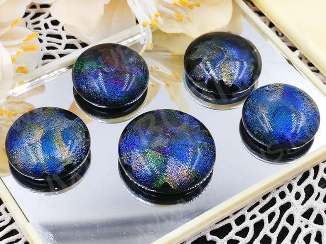 Кабошон Фьюзинг 048 Круглый 15-21мм Дихроик на черном Синий-розовый-зеленый Узор круг HAM