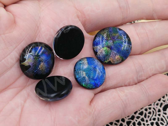 Кабошон Фьюзинг 048 Круглый 15-21мм Дихроик на черном Синий-розовый-зеленый Узор круг HAM