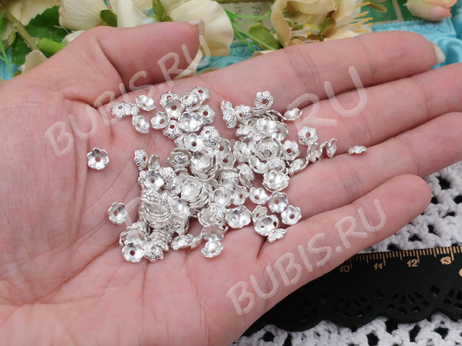 259 Шапочка маленькая с символами 6*6*1,8мм серебристая (литьё) (20шт)