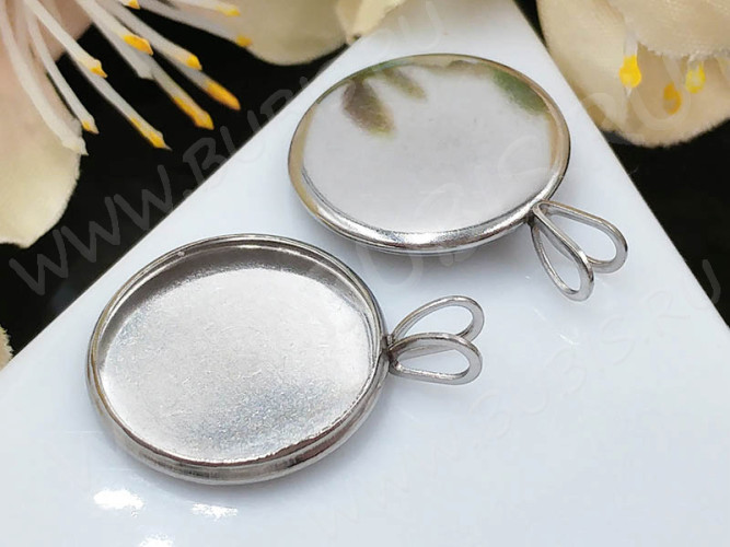 Подвеска-сеттинг Круг 49 с двойной петлёй (сеттинг 14мм) 20,5*15,5*1,8мм цвет платины (Хирургическая сталь)