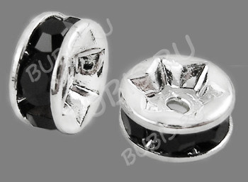 Рондель 14 10*10*4мм серебристый с чёрными стразами (Brass)