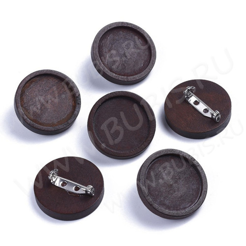 Основа (заготовка) для броши №126 булавка с деревянным сеттингом 25мм Круг 30*30*11мм тёмно-коричневая (Хирургическая сталь и дерево)
