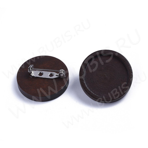 Основа (заготовка) для броши №126 булавка с деревянным сеттингом 25мм Круг 30*30*11мм тёмно-коричневая (Хирургическая сталь и дерево)