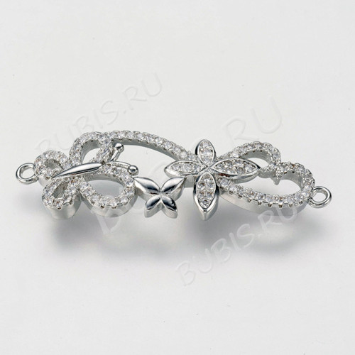 372 Коннектор Бабочки с инкрустацией 38*12*4мм цвет платины и прозрачный (Milano LUX) (Brass и фианит)