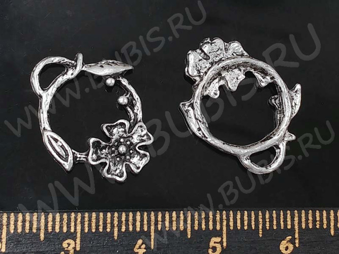Подвеска Круг 05 с цветком и листиком 20,5*16*2мм античное серебро (литьё)