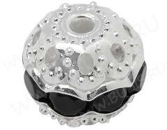 Бусина Шамбала 01 10мм серебристая с чёрными стразами (Brass)