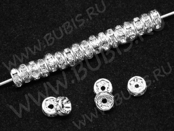 Рондель со стразами 08 круглый с фианитами 5*5*2,3мм серебристо-прозрачный (Brass и стекло)(10шт)