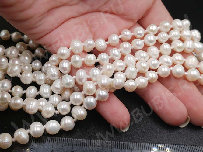 (ОПТ) Бусина Жемчуг 27 пресноводный тыковки 7-8мм белый натуральный (камни) (нить 29-30см)