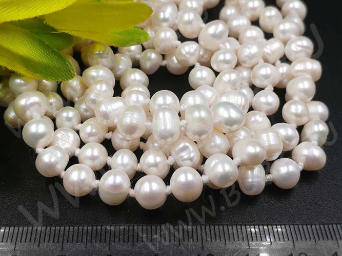 (ОПТ) Бусина Жемчуг 27 пресноводный тыковки 7-8мм белый натуральный (камни) (нить 29-30см)
