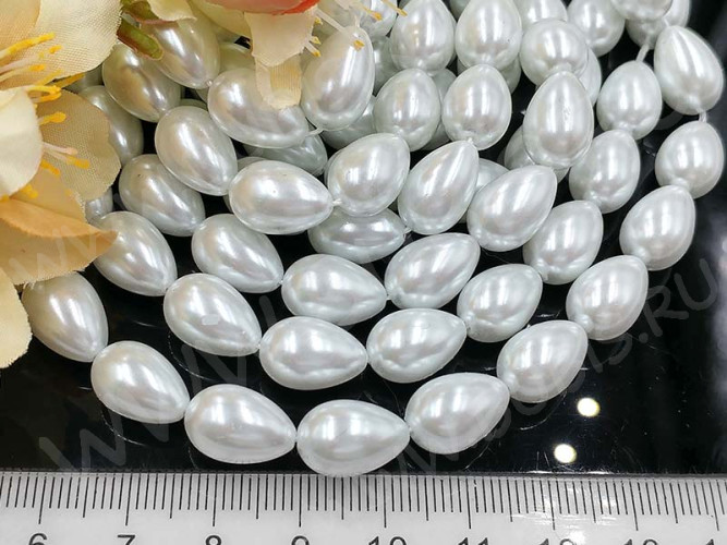 (ОПТ) Бусина "жемчуг" Капля майорка 13*9*9мм белая жемчужная (стекло) (НИТЬ)