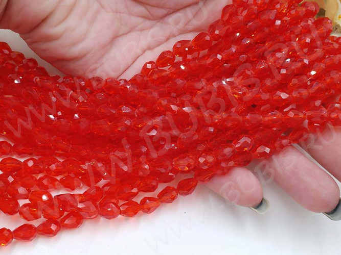 (ОПТ) Бусина Капля гранёная 7,5*6*6мм св.красная прозрачная (имитация Сваровски) (НИТЬ)