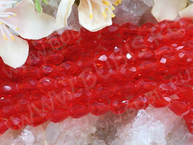 (ОПТ) Бусина Капля гранёная 7,5*6*6мм св.красная прозрачная (имитация Сваровски) (НИТЬ)