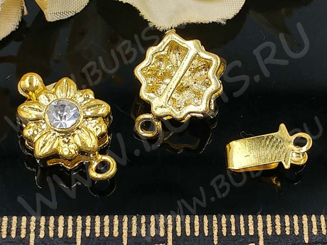 Замочек-застёжка №71 Цветочек со стразом на 1 нить 16,5*10*6мм золотистый и прозрачный (Brass и стекло)