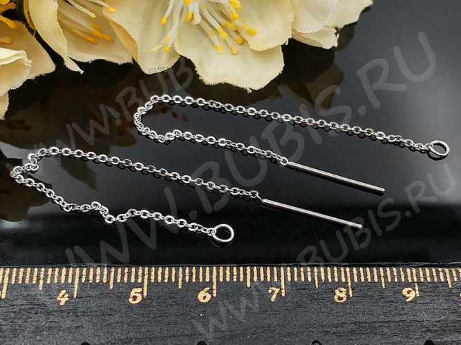 Пуссеты ("гвоздики") №162 с цепочкой и колечком 100*16*0,8мм цвет платины (Хирургическая сталь) (1 пара)