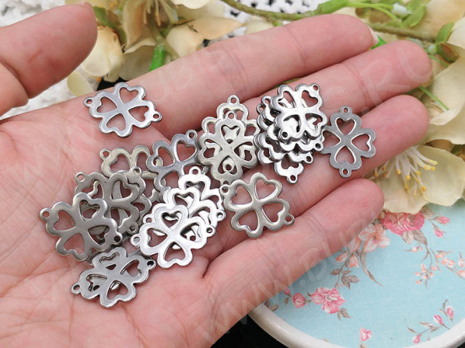 347 Коннектор Клевер Четырёхлистник вставка для браслетов 21,5*16,5*1,2мм цвет платины (Хирургическая Сталь)