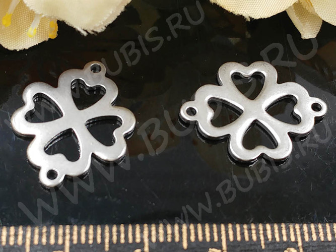 347 Коннектор Клевер Четырёхлистник вставка для браслетов 21,5*16,5*1,2мм цвет платины (Хирургическая Сталь)
